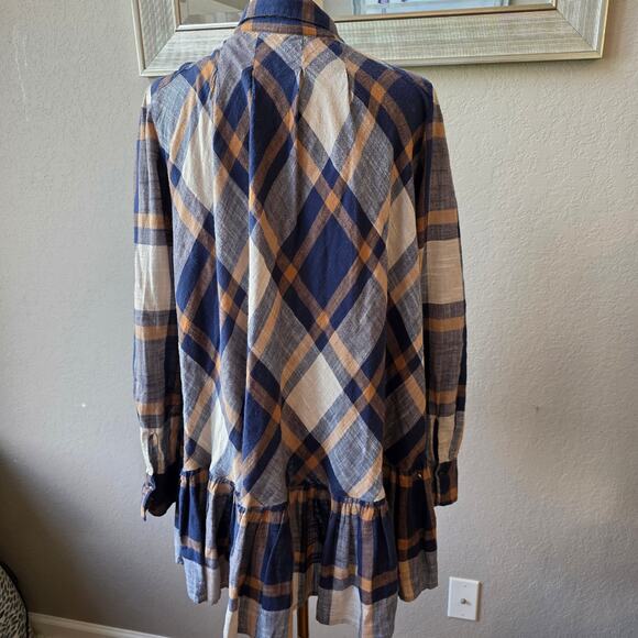 Free People Women's Preppy Plaid Flannel Ruffle Button Up Tunic Top Size M Multi - Picture 5 of 6